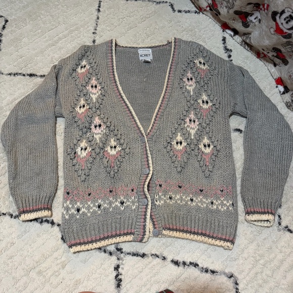 Vintage Grey Cottagecore Koret Granny Sweater Cardigan Hand Knitted Large 80s - Picture 10 of 12